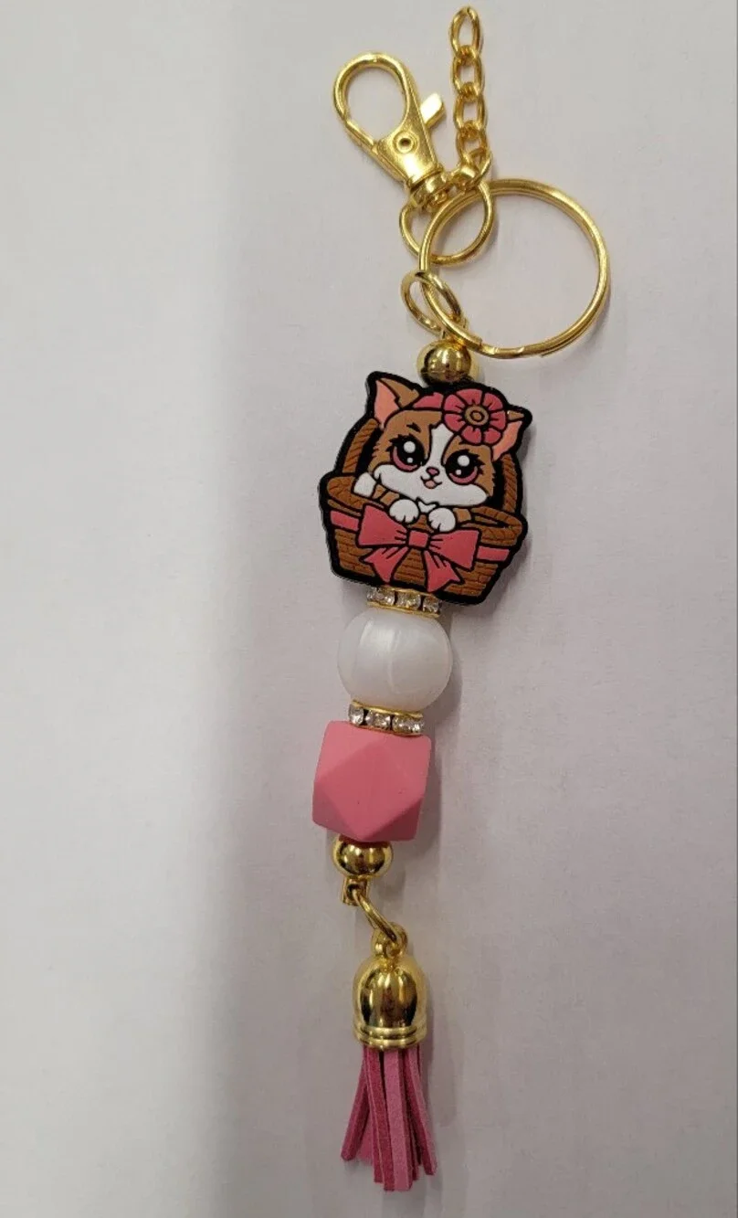 Pink Cat Tassel Keychain with Gold Hardware